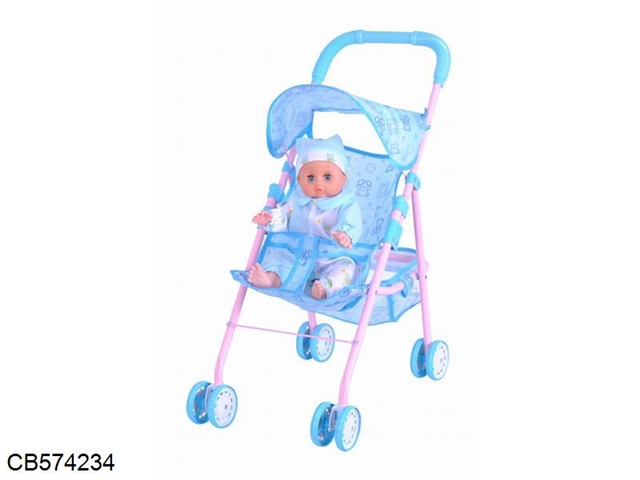 Universal wheel baby sunshade trolley (iron) with 14 inch doll