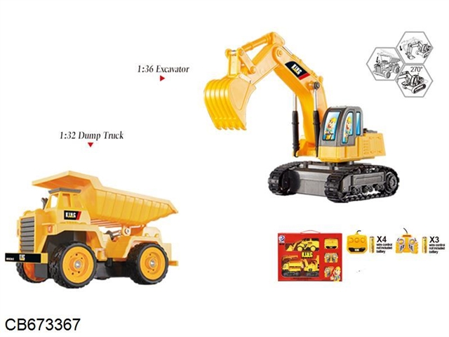 Two wire controlled combination engineering vehicles - four wheel dump truck and crawler excavator
