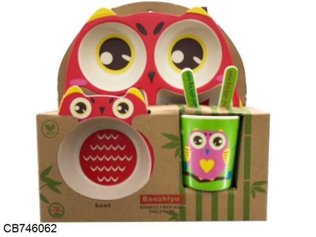 Bamboo fiber, children  tableware, owl five piece (powder / yellow / Blue / red)