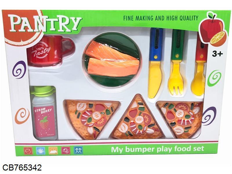 A single section of seafood pizza cutting music and tableware suit
