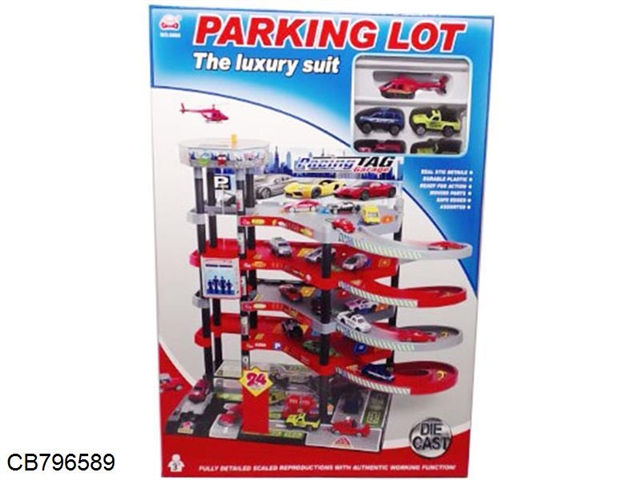 Multi-storey parking lot with 4 alloy cars and 1 alloy aircraft