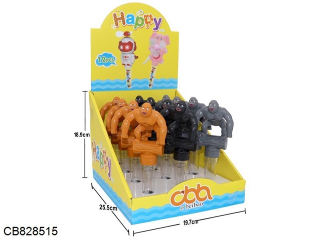 Twelve chimpanzees swing in small candy tubes/display boxes