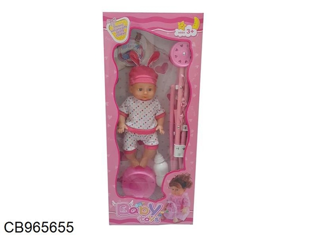 14 inch fixed eye doll with cart feeding bottle. a potty. wet oneself