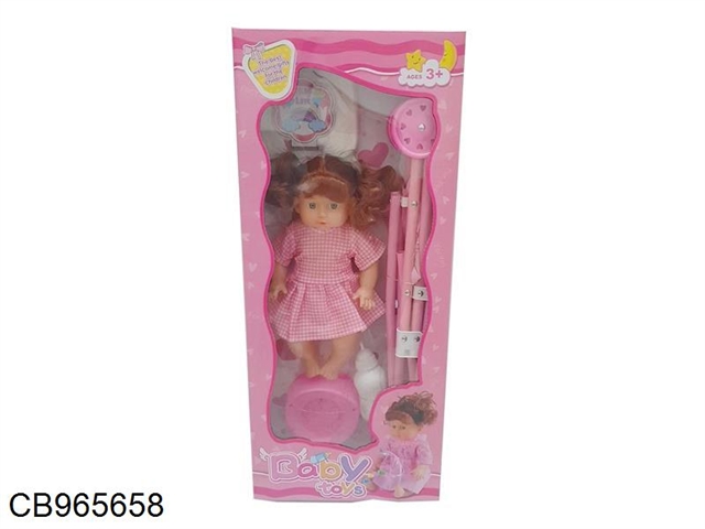 14 inch fixed eye doll with cart feeding bottle. a potty. wet oneself