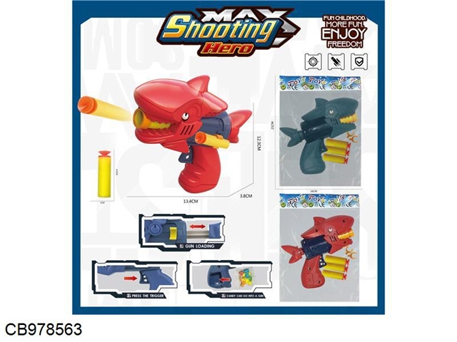 Single hole shark soft bullet gun with 3 soft bullets (mixed in two colors, the handle can be loaded with sugar)