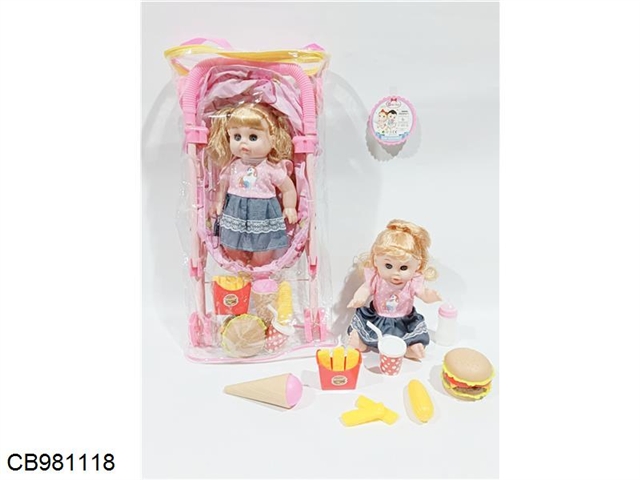 Iron cart with 14 inch live eye doll with IC drinking water and urinating with hamburger set