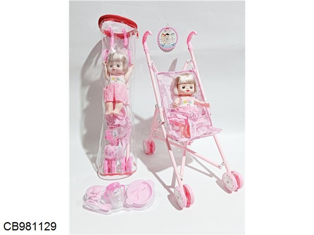 Iron cart with 11 inch live eye full body enamel doll house suit