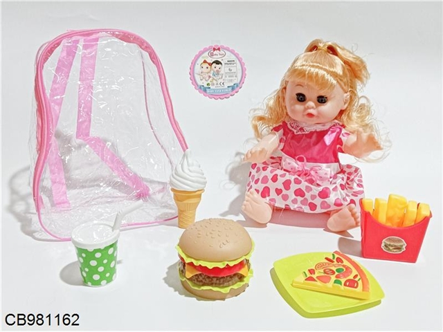14 inch live eye doll with IC drinking water and urinating with hamburger family suit