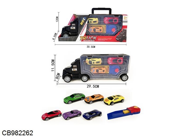 Portable gift box container sliding container truck towing 3 sliding alloy sports cars with catapults